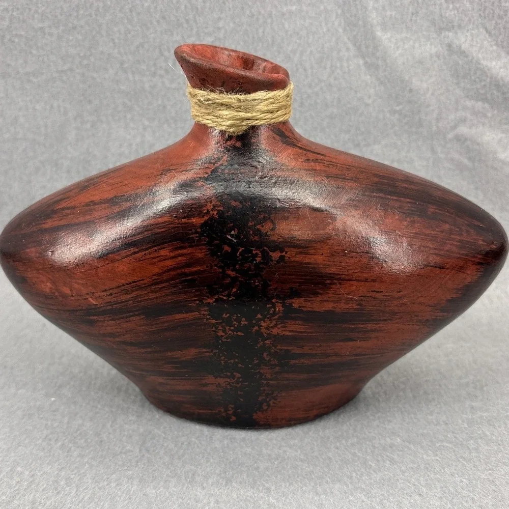 Vintage Chinese Ceramic Bud Vase Hand Crafted Black Red Glossy Paint Splash 7.5